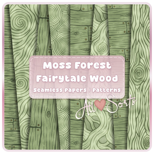 Moss Forest Fairytale Wood seamless digital paper pack preview with green woodland woodgrain, bark, plank, and tree ring patterns for scrapbooking and crafts.