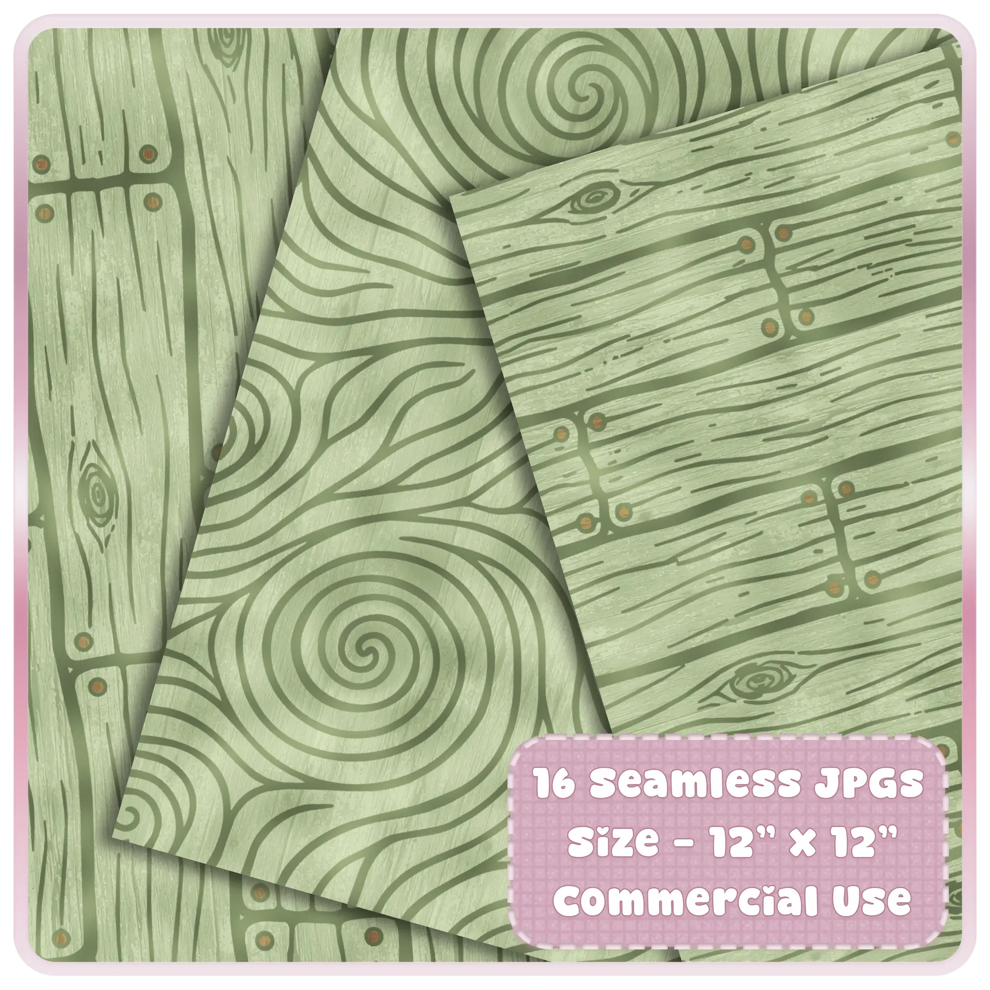Close-up preview of moss green seamless wood digital papers featuring rustic plank texture, spiral tree rings, and fairytale forest patterns.