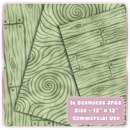 Close-up preview of moss green seamless wood digital papers featuring rustic plank texture, spiral tree rings, and fairytale forest patterns.