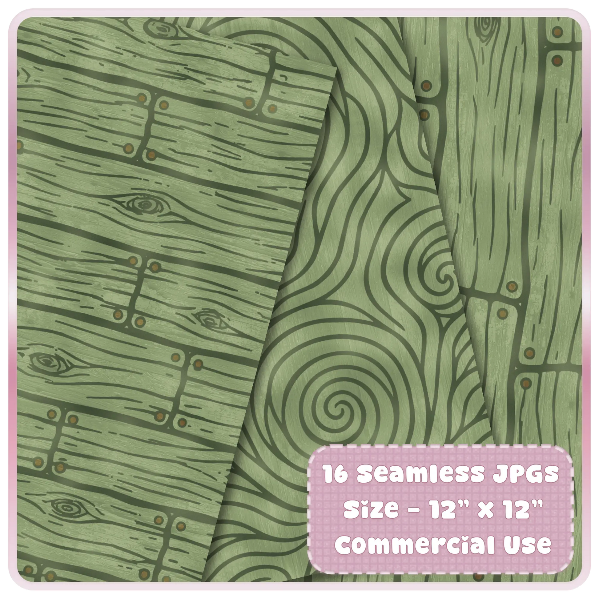 Moss green woodland digital paper preview with seamless forest plank texture, carved woodgrain, bark lines, and rustic fairytale pattern details.