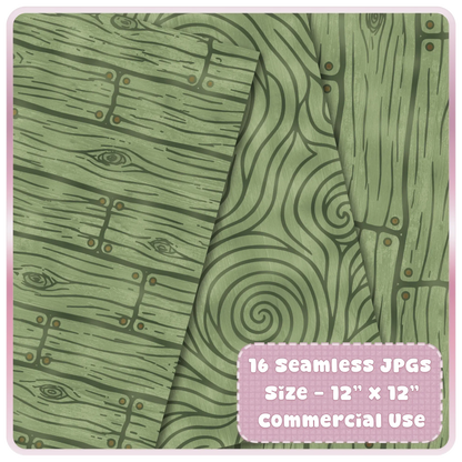 Moss green woodland digital paper preview with seamless forest plank texture, carved woodgrain, bark lines, and rustic fairytale pattern details.