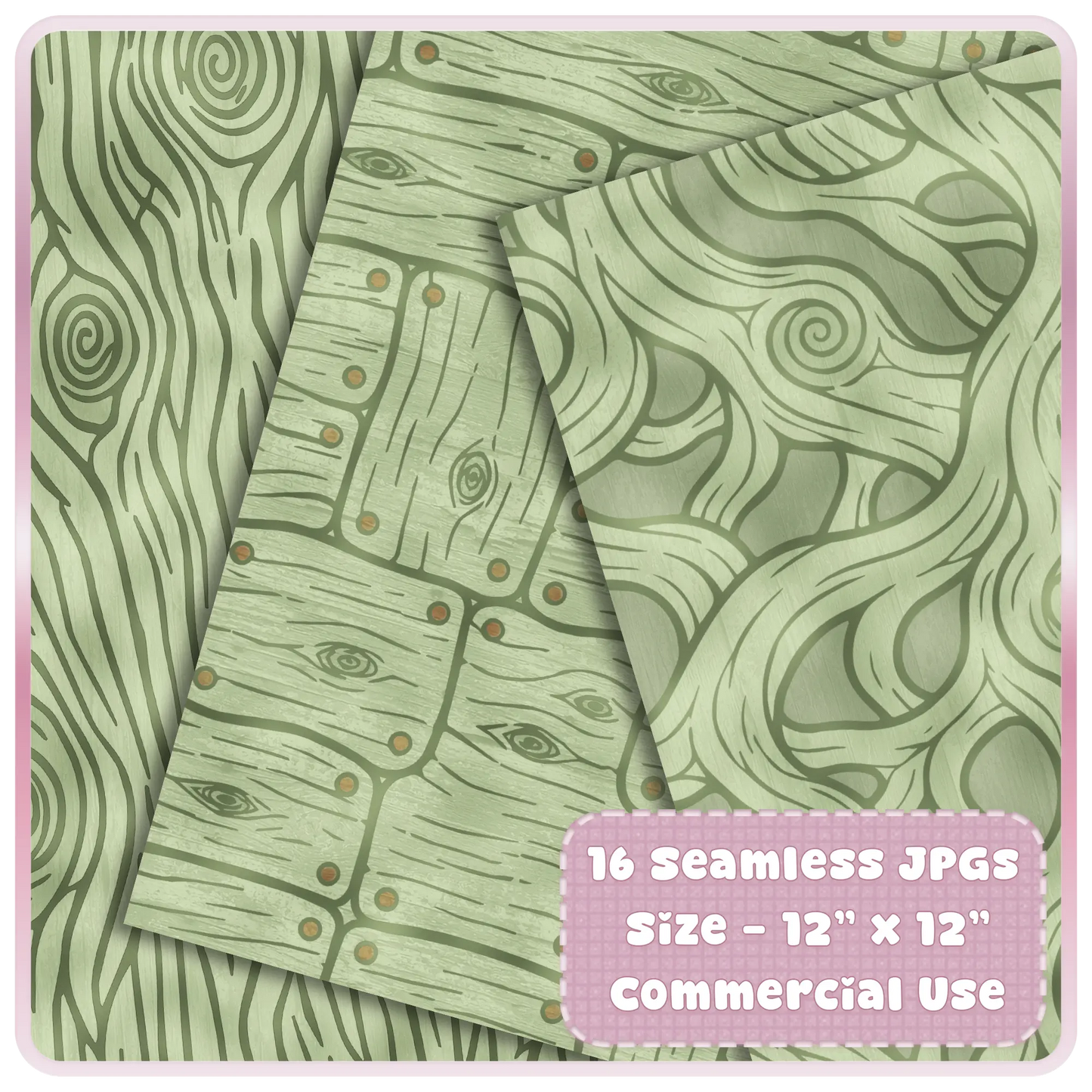Fairytale wood seamless pattern preview showing moss green bark, woodland plank paper, and whimsical tree grain digital backgrounds.