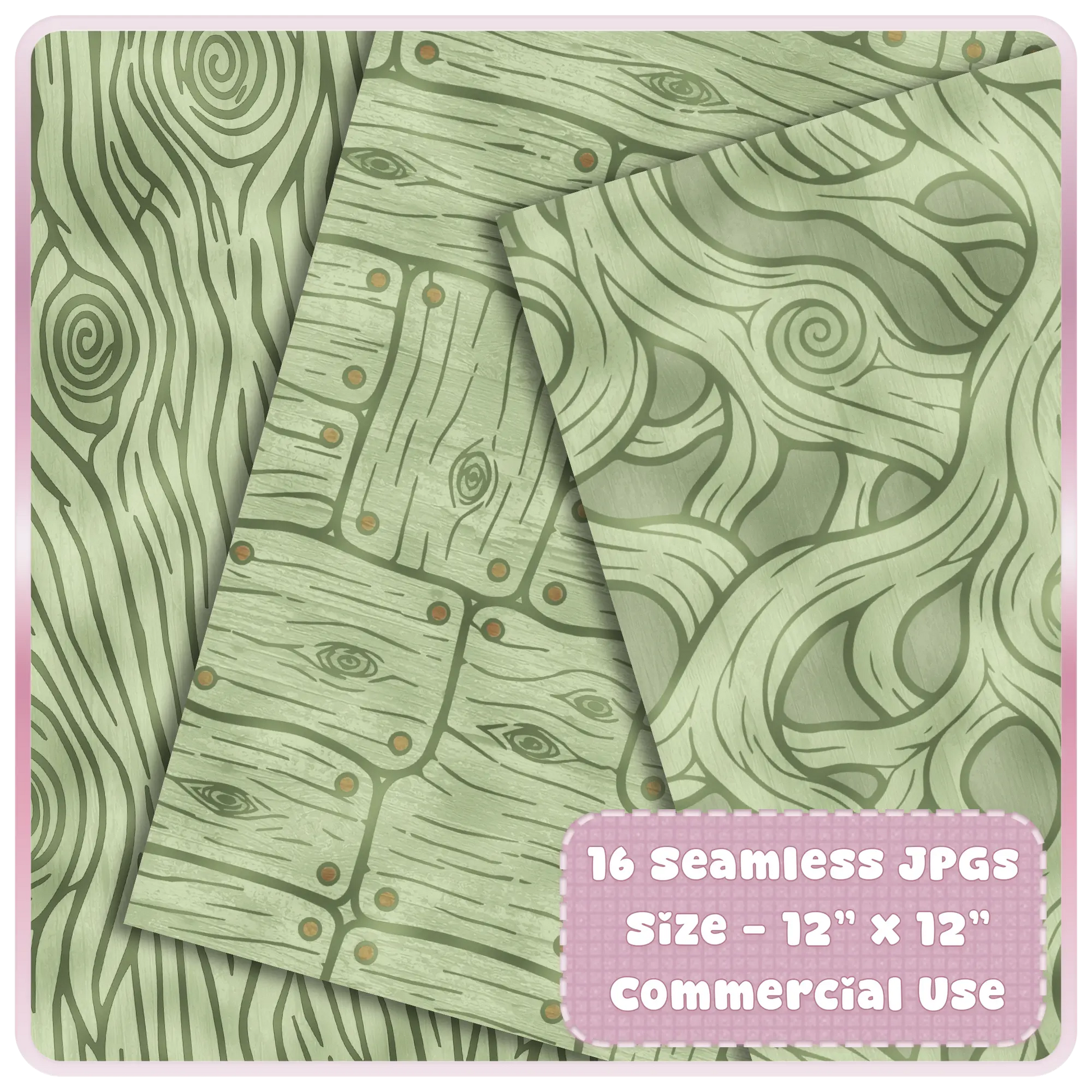 Fairytale wood seamless pattern preview showing moss green bark, woodland plank paper, and whimsical tree grain digital backgrounds.