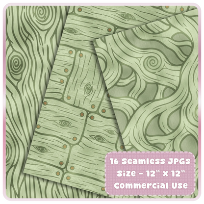 Fairytale wood seamless pattern preview showing moss green bark, woodland plank paper, and whimsical tree grain digital backgrounds.