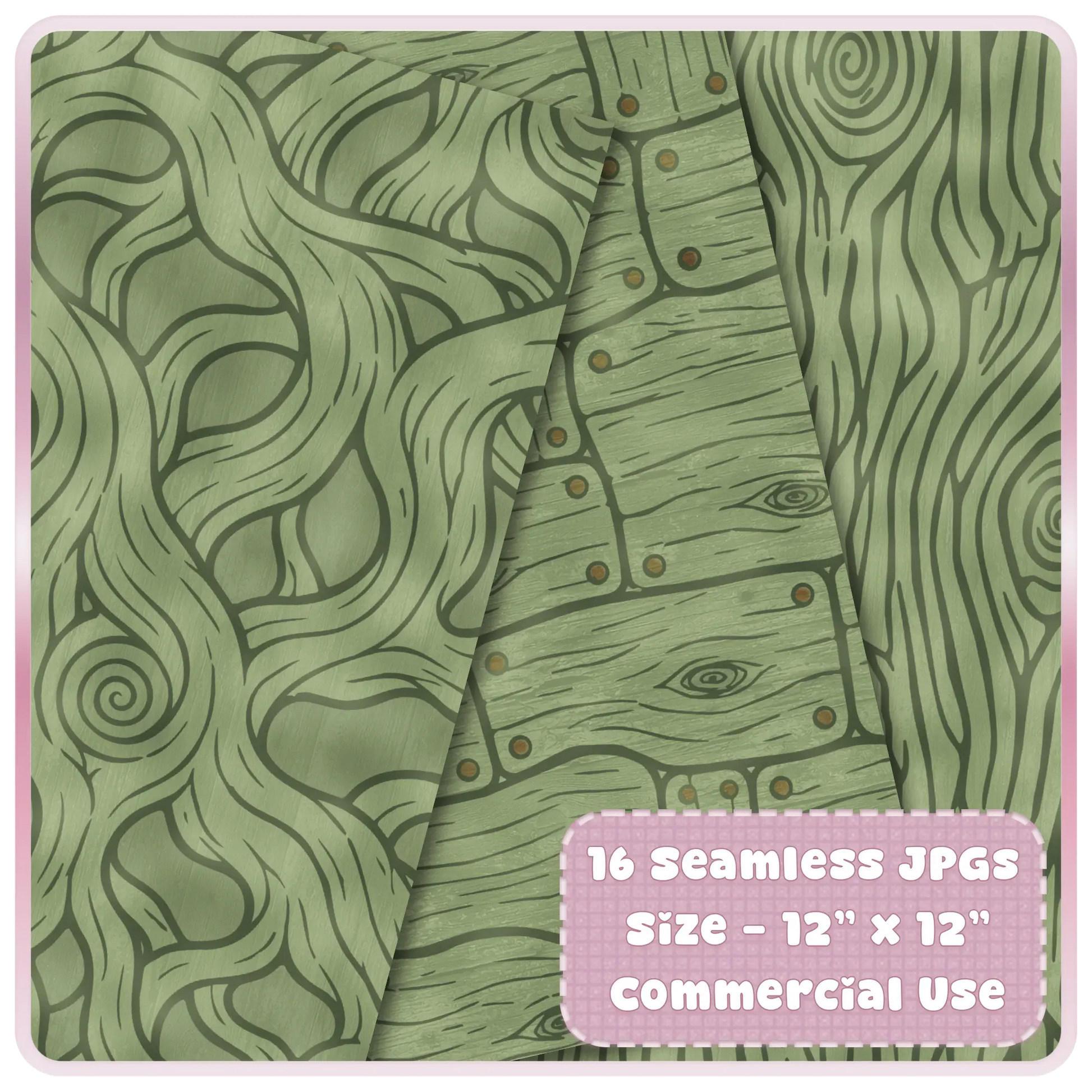 Green enchanted forest digital papers preview with seamless moss wood textures, rustic boards, bark grain, and woodland scrapbook patterns.