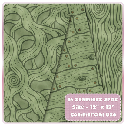 Green enchanted forest digital papers preview with seamless moss wood textures, rustic boards, bark grain, and woodland scrapbook patterns.