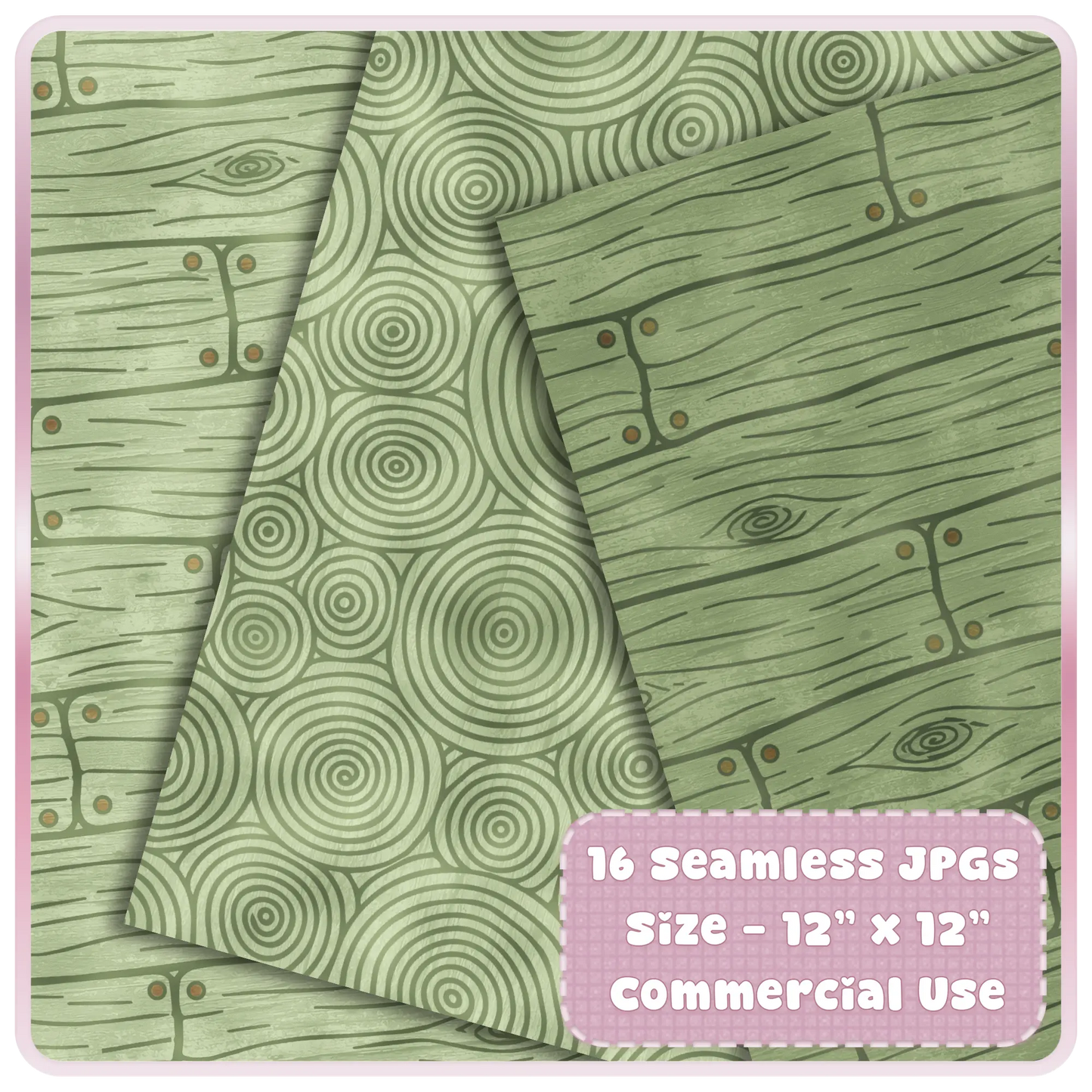 Moss forest seamless JPG pattern preview with green wood plank paper, circular tree ring designs, and rustic woodland digital backgrounds.