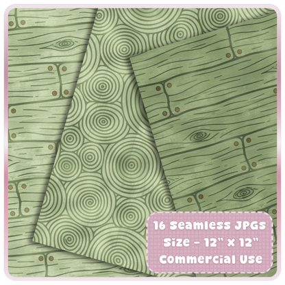 Moss forest seamless JPG pattern preview with green wood plank paper, circular tree ring designs, and rustic woodland digital backgrounds.