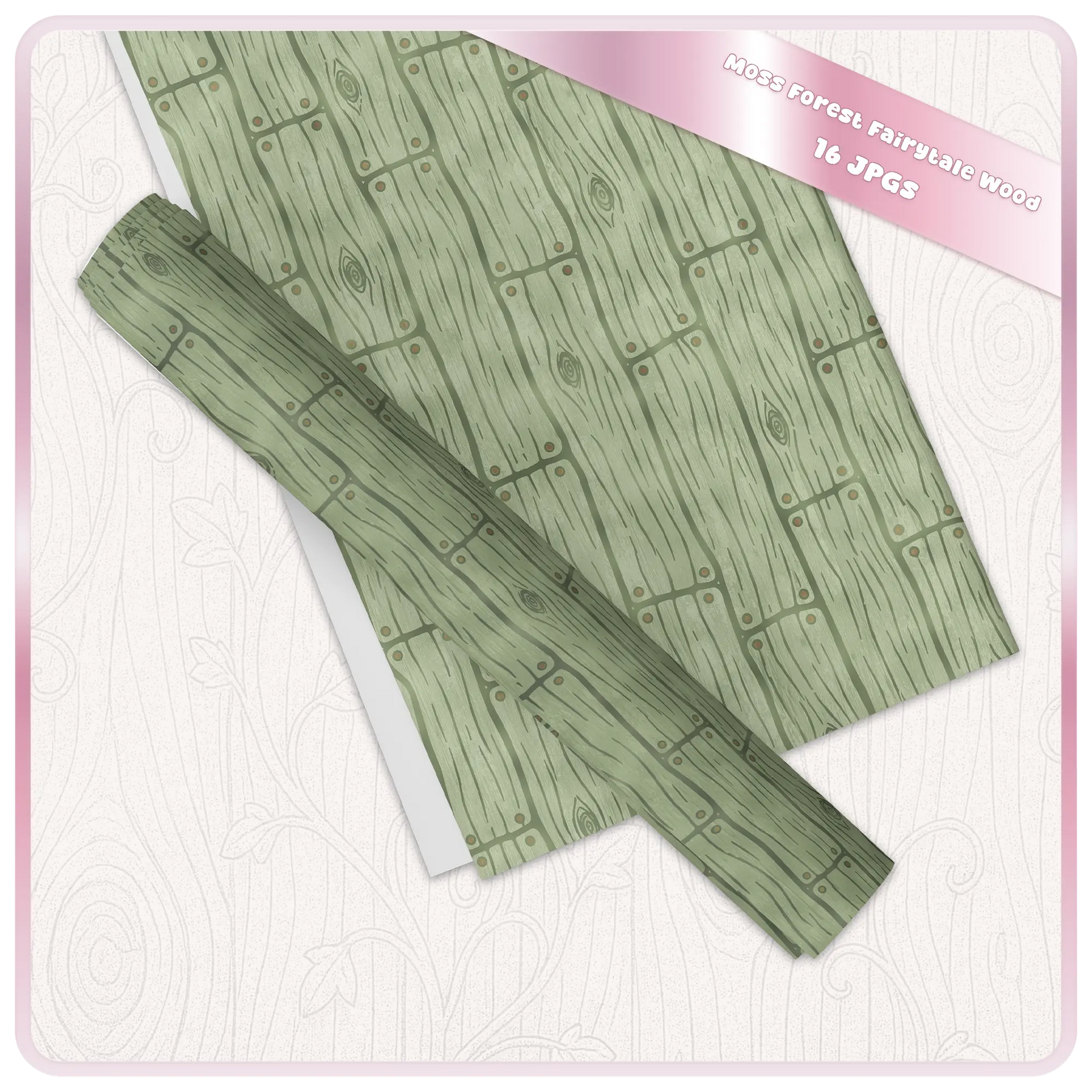 Moss green fairytale wood digital paper displayed as printable sheets with seamless rustic plank texture and woodland forest pattern.