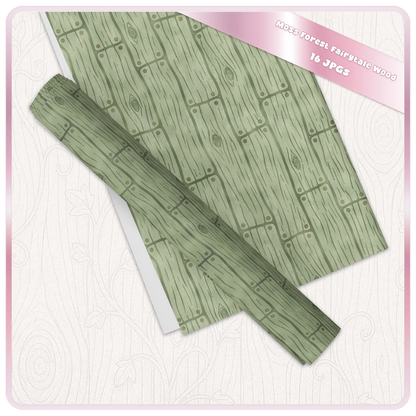 Moss green fairytale wood digital paper displayed as printable sheets with seamless rustic plank texture and woodland forest pattern.