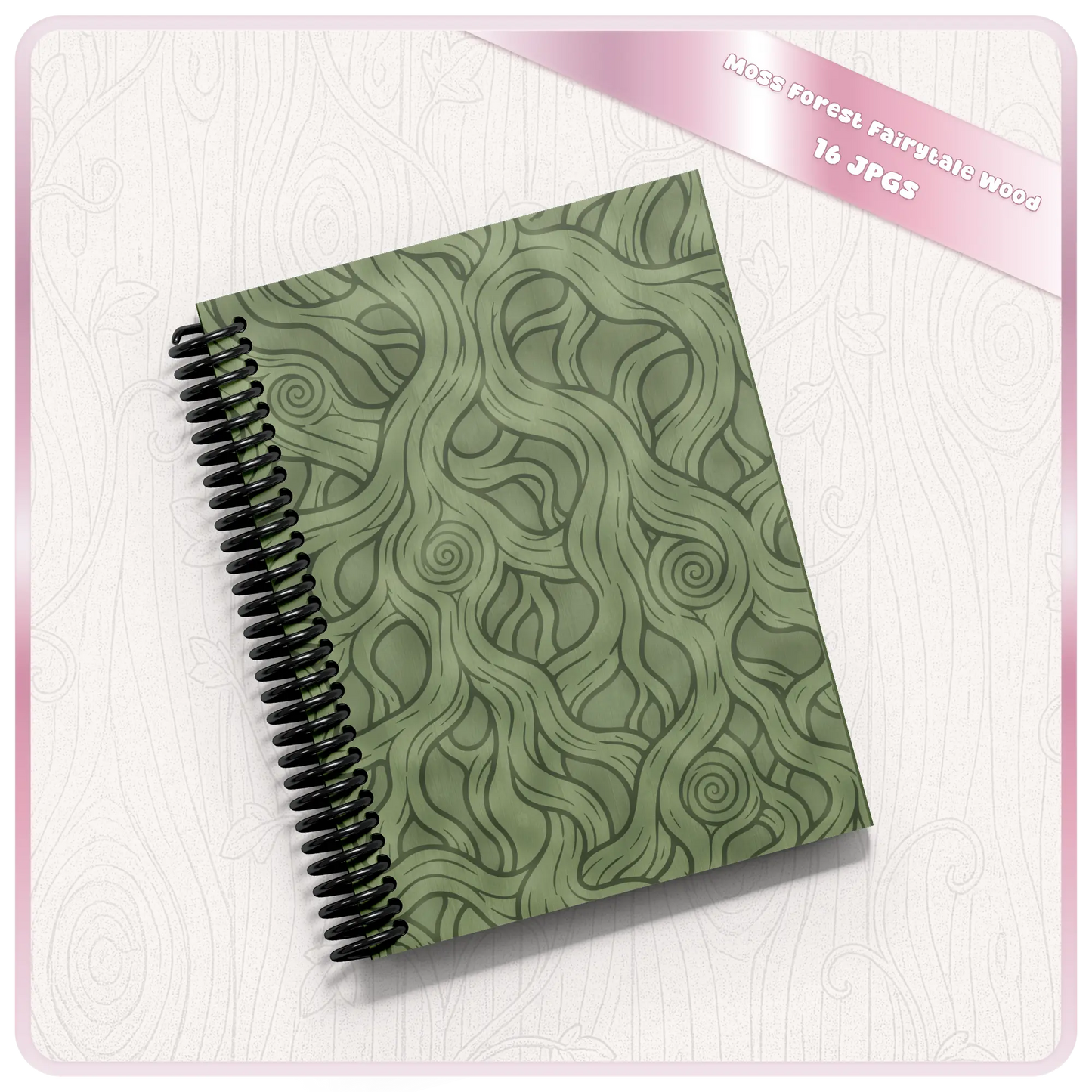 Spiral notebook mockup featuring moss forest fairytale wood seamless digital paper with green woodland bark and whimsical tree grain pattern.