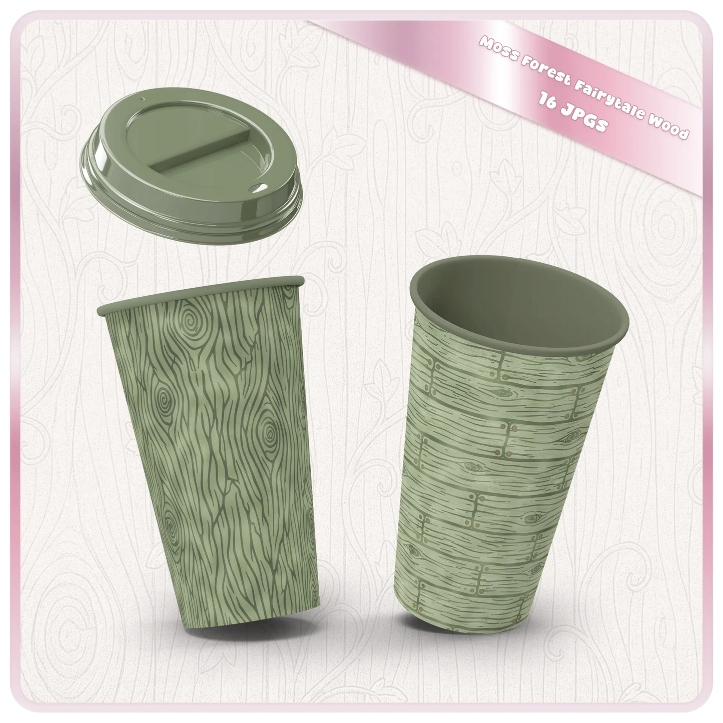 Product mockup showing moss forest fairytale wood seamless patterns on paper cups with green woodland woodgrain and rustic plank textures.