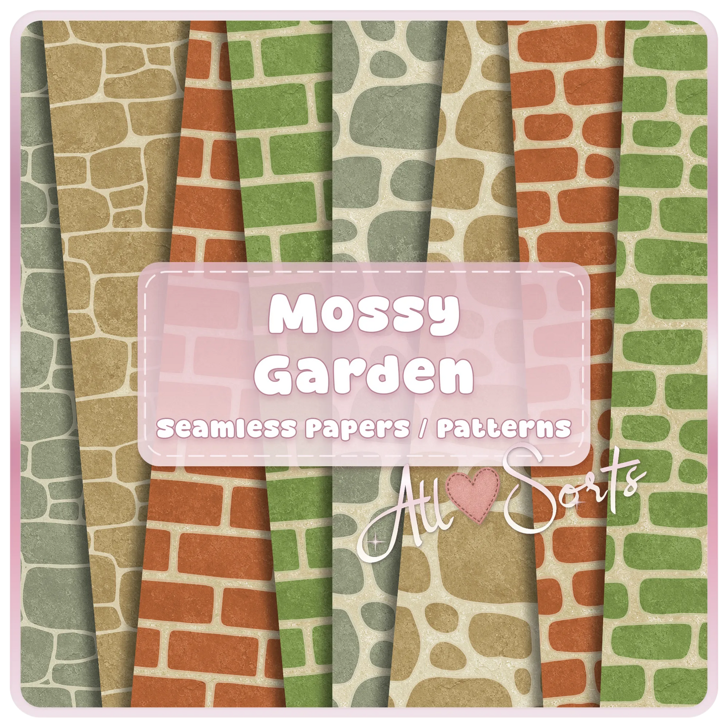 Mossy Garden seamless brick and stone digital paper pack preview with rustic green, terracotta, beige, and gray garden wall patterns for scrapbook and craft designs.