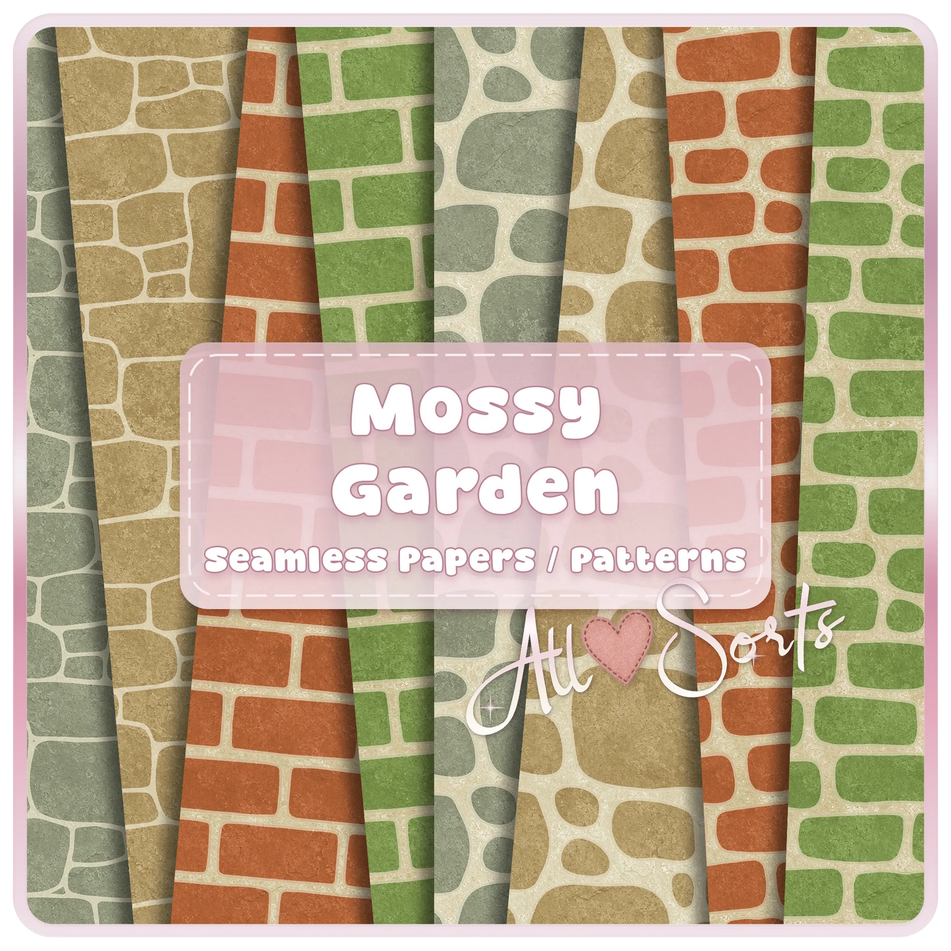 Mossy Garden seamless brick and stone digital paper pack preview with rustic green, terracotta, beige, and gray garden wall patterns for scrapbook and craft designs.