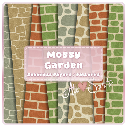 Mossy Garden seamless brick and stone digital paper pack preview with rustic green, terracotta, beige, and gray garden wall patterns for scrapbook and craft designs.