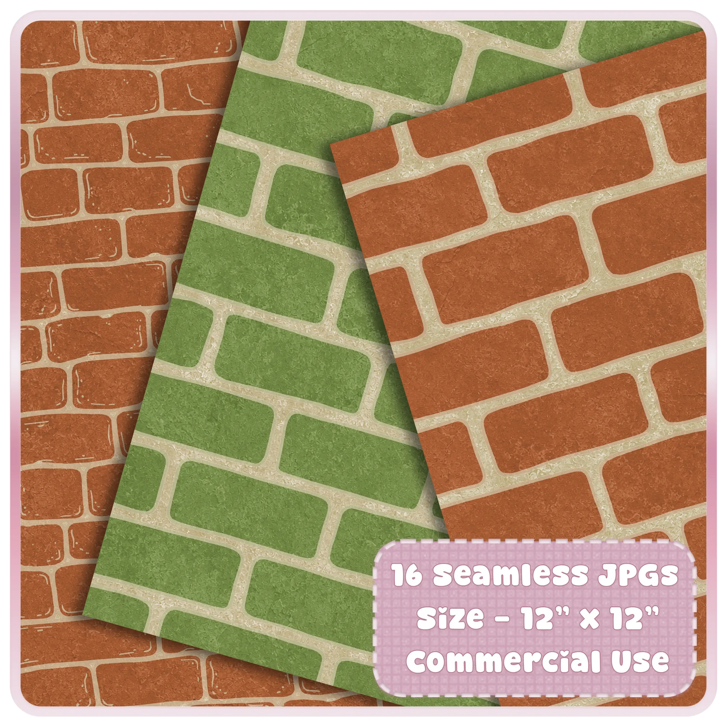 Mossy garden brick seamless JPG digital papers preview featuring green moss wall and terracotta brick textures in a rustic cottagecore style.