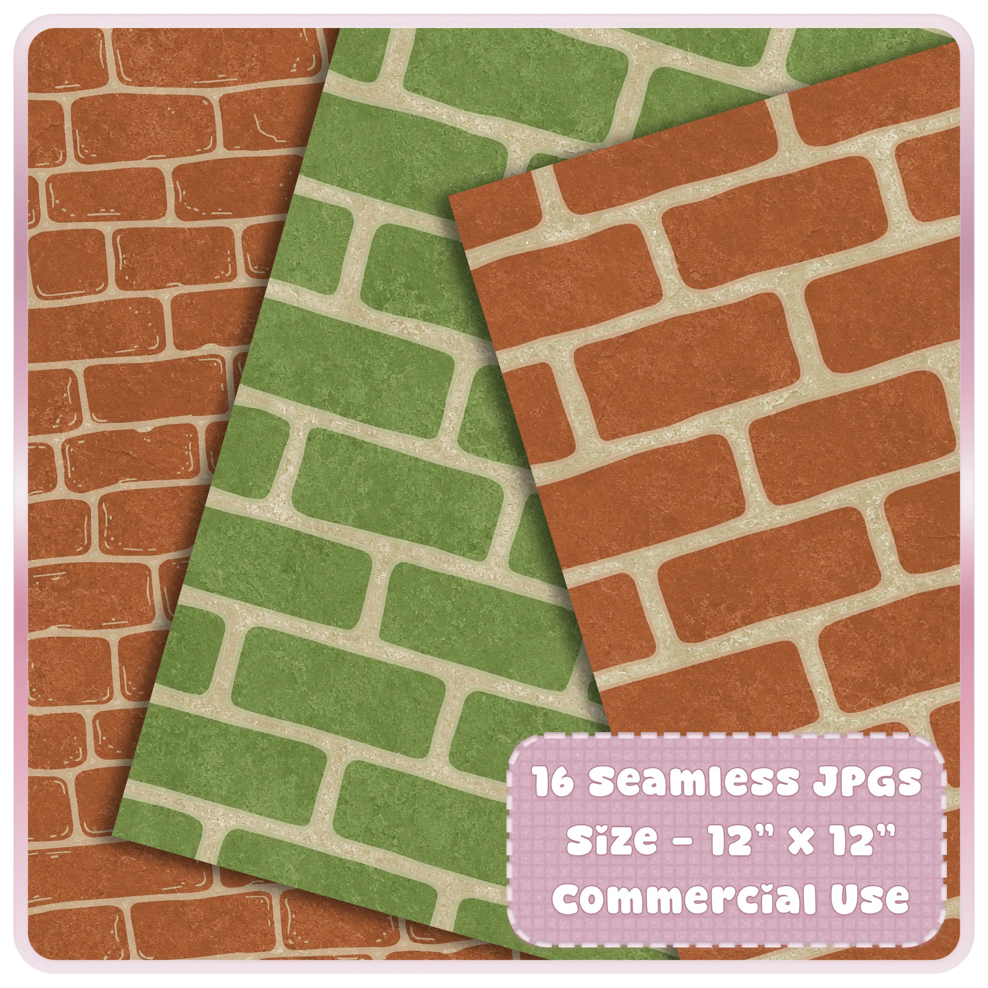 Mossy garden brick seamless JPG digital papers preview featuring green moss wall and terracotta brick textures in a rustic cottagecore style.