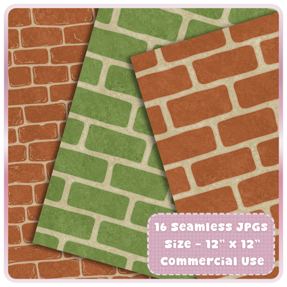 Mossy garden brick seamless JPG digital papers preview featuring green moss wall and terracotta brick textures in a rustic cottagecore style.