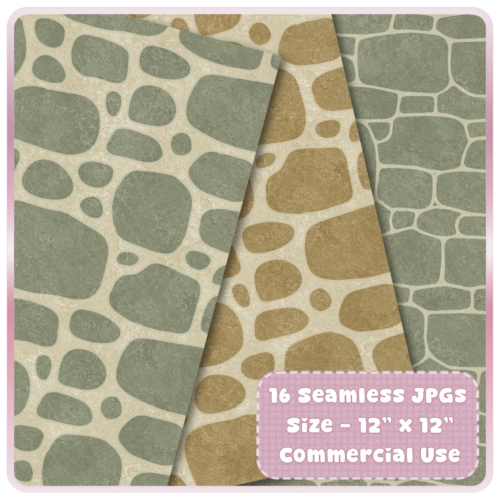 Mossy stone seamless digital paper preview with gray green cobblestone, beige garden rock, and muted rustic wall patterns for printable backgrounds.