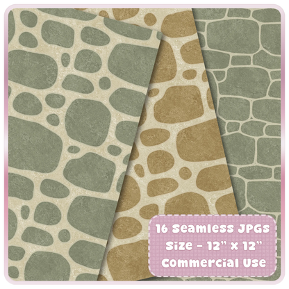 Mossy stone seamless digital paper preview with gray green cobblestone, beige garden rock, and muted rustic wall patterns for printable backgrounds.