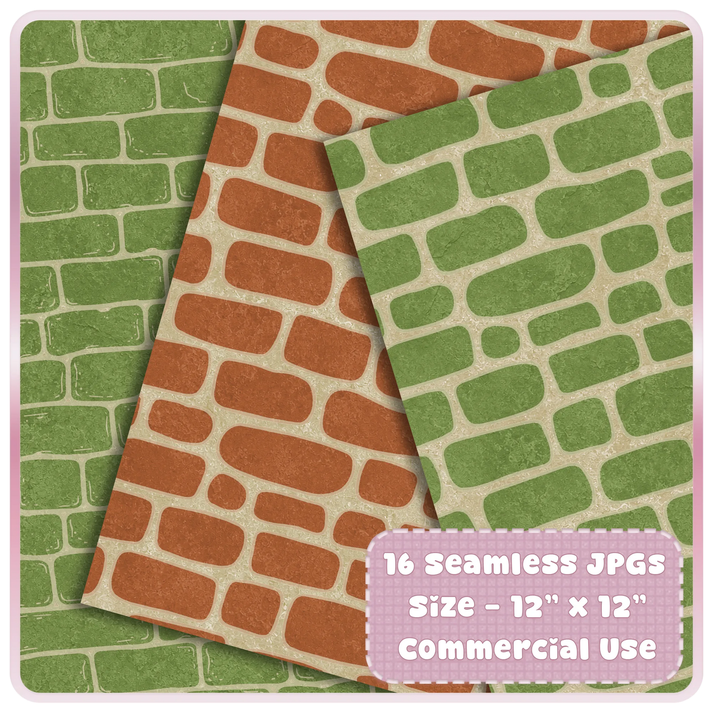 Mossy garden seamless brick pattern preview with green and terracotta rustic wall textures for digital scrapbooking, stationery, and commercial crafts.