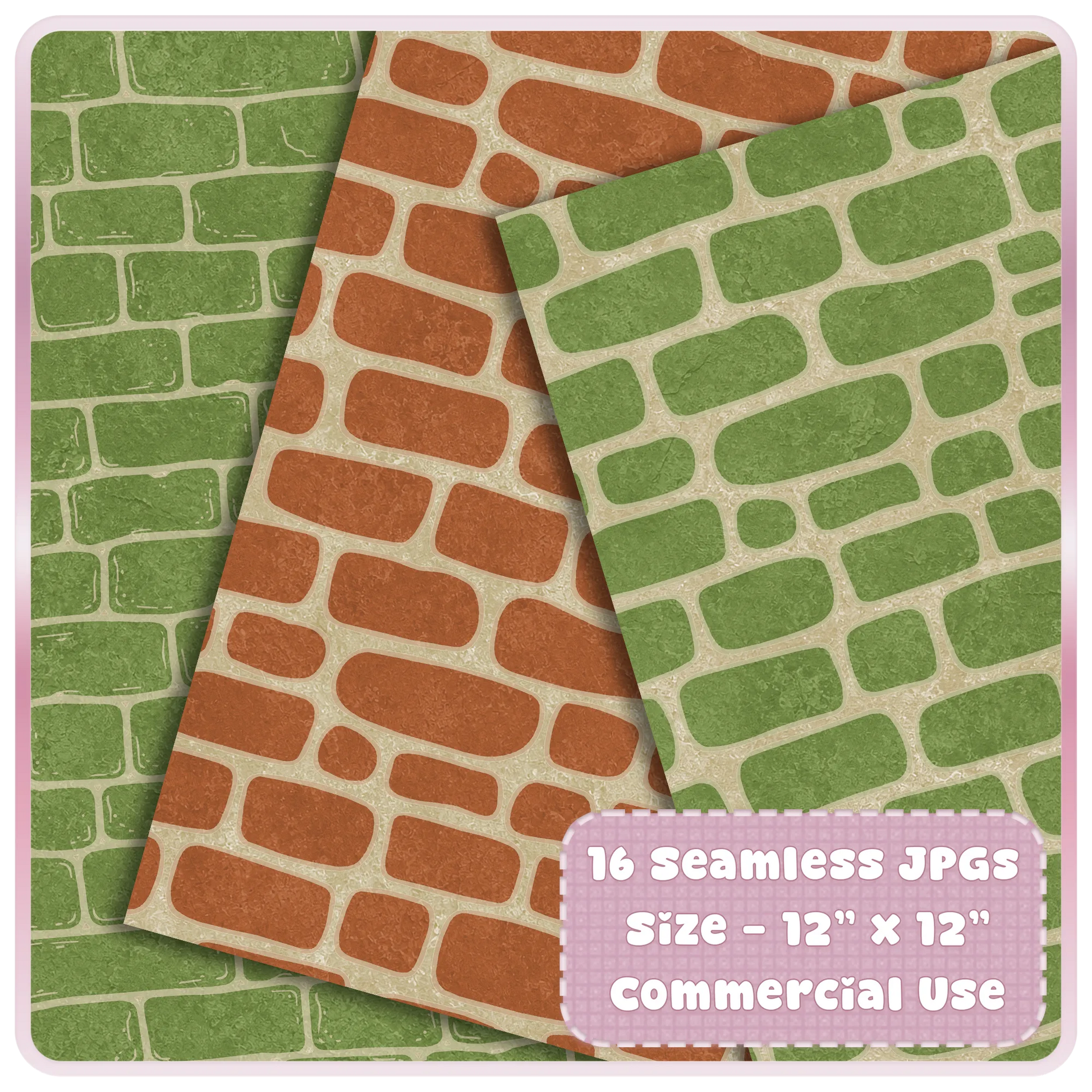 Mossy garden seamless brick pattern preview with green and terracotta rustic wall textures for digital scrapbooking, stationery, and commercial crafts.