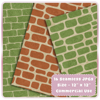 Mossy garden seamless brick pattern preview with green and terracotta rustic wall textures for digital scrapbooking, stationery, and commercial crafts.