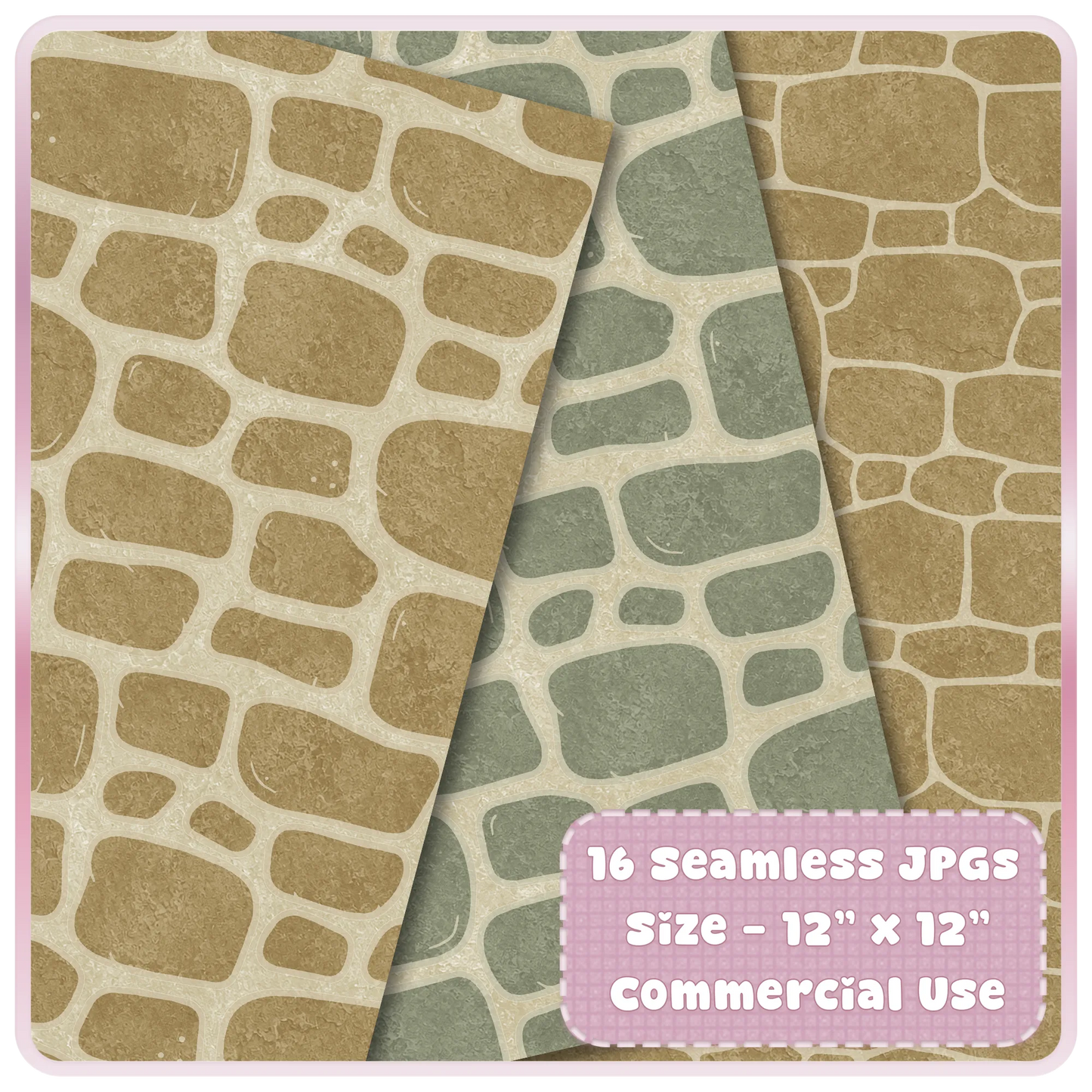 Neutral mossy stone seamless paper preview featuring beige, gray green, and garden rock textures for fairy garden and woodland craft backgrounds.
