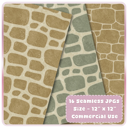 Neutral mossy stone seamless paper preview featuring beige, gray green, and garden rock textures for fairy garden and woodland craft backgrounds.
