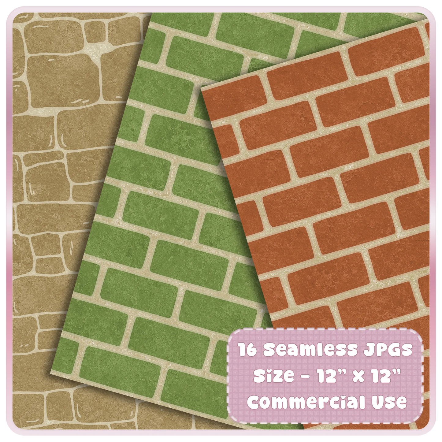 Rustic mossy garden brick seamless paper preview with green moss and terracotta brick digital patterns for scrapbook, sublimation, and printable designs.