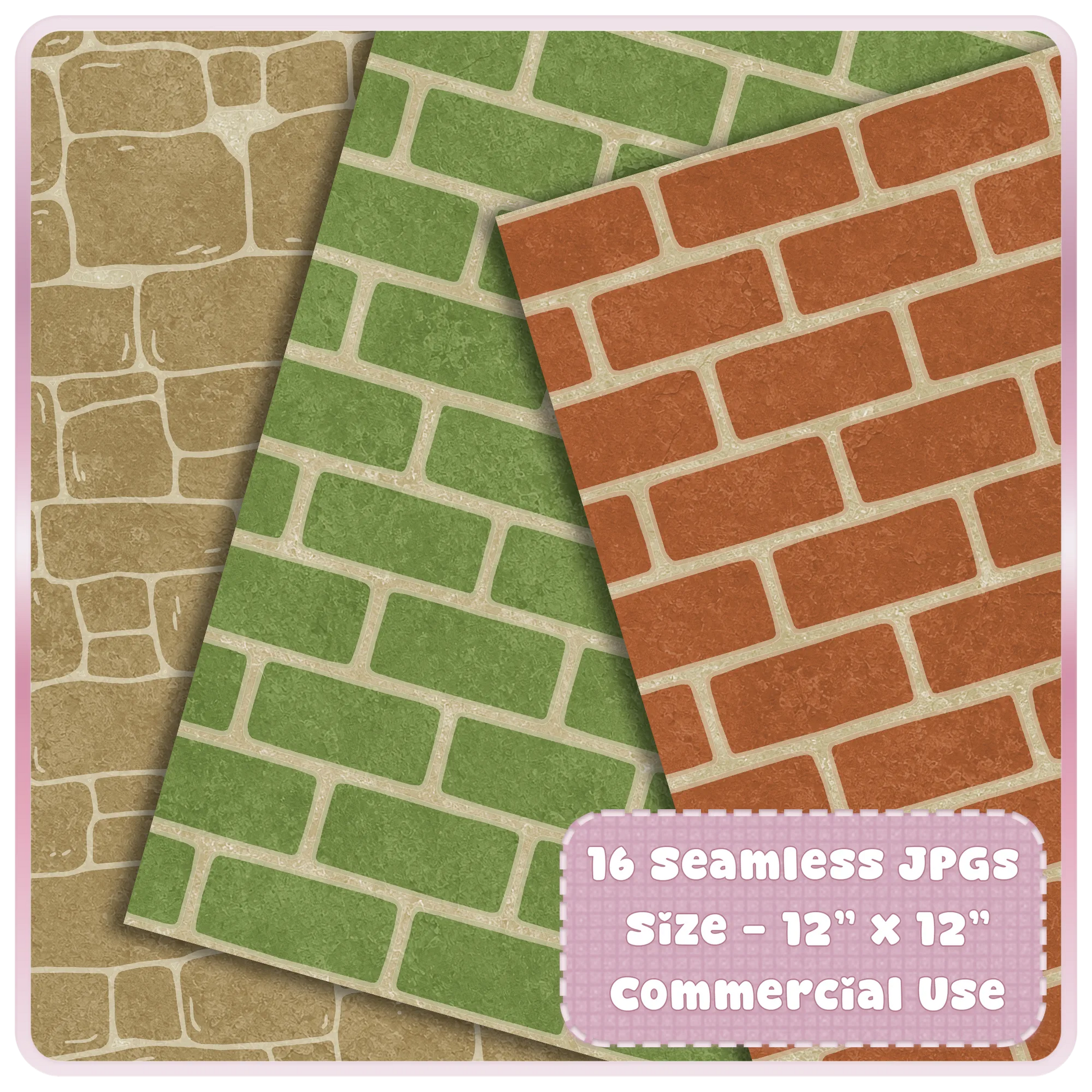Rustic mossy garden brick seamless paper preview with green moss and terracotta brick digital patterns for scrapbook, sublimation, and printable designs.