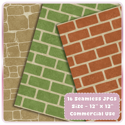 Rustic mossy garden brick seamless paper preview with green moss and terracotta brick digital patterns for scrapbook, sublimation, and printable designs.