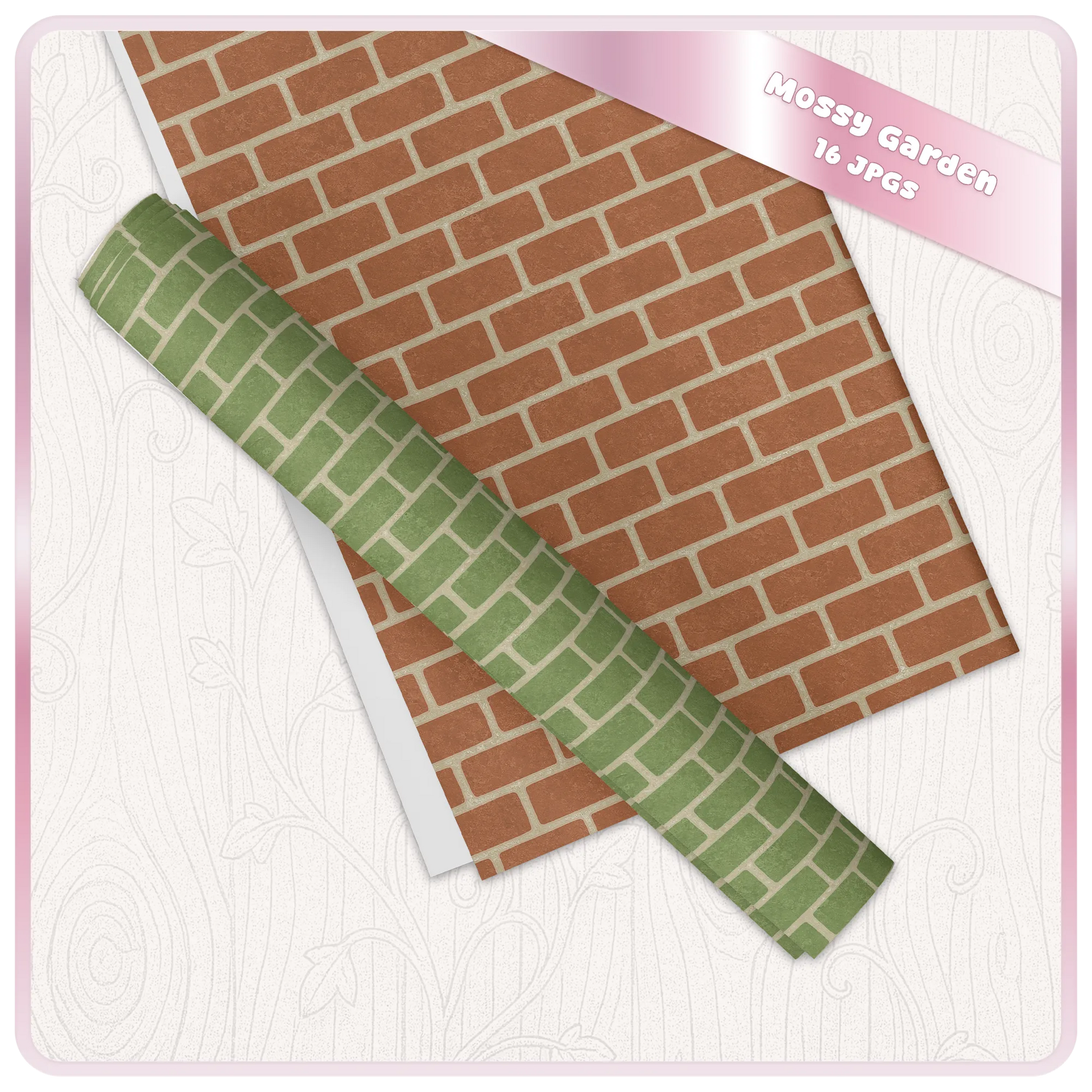 Mossy Garden digital paper mockup showing terracotta brick seamless pattern and green moss strip on printable sheets for craft and design projects.