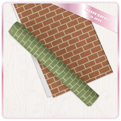 Mossy Garden digital paper mockup showing terracotta brick seamless pattern and green moss strip on printable sheets for craft and design projects.