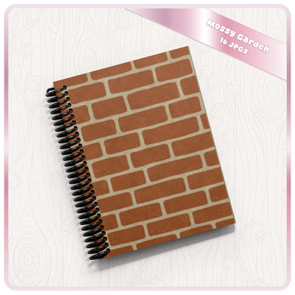 Mossy Garden spiral notebook mockup with terracotta brick seamless pattern cover for digital paper, printable stationery, and journal design inspiration.