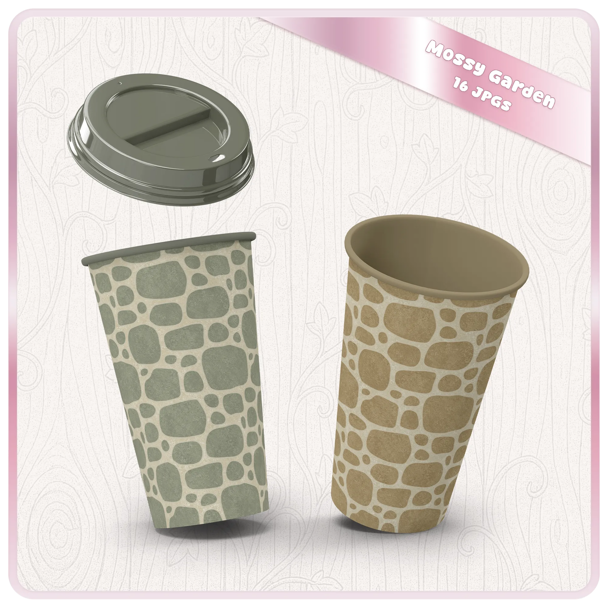 Mossy Garden paper cup mockup with gray green and beige stone seamless patterns for packaging, sublimation, and commercial product design inspiration.