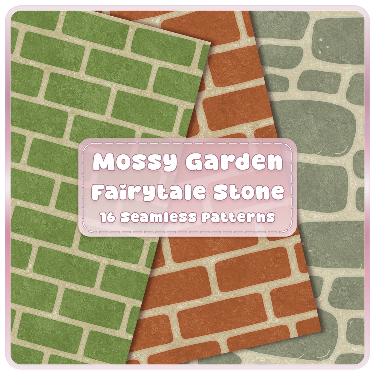 Mossy Garden fairytale stone and brick seamless patterns bundle in moss green, terracotta and sage digital paper textures