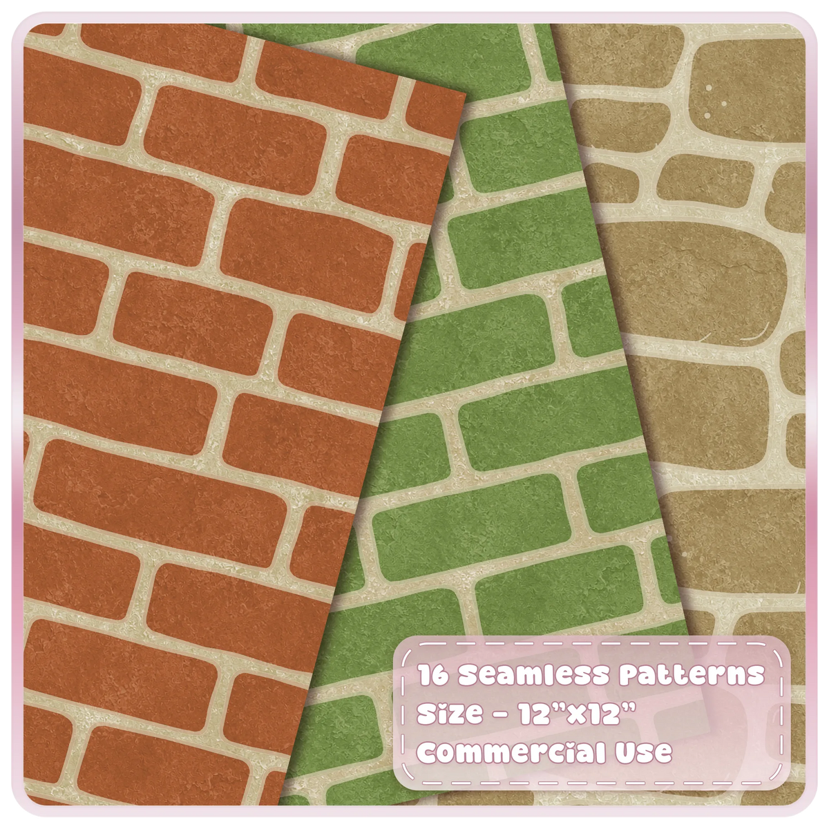 Terracotta brick, moss green stone and warm beige fairytale seamless digital papers with textured mortar