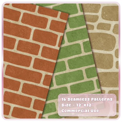 Terracotta brick, moss green stone and warm beige fairytale seamless digital papers with textured mortar