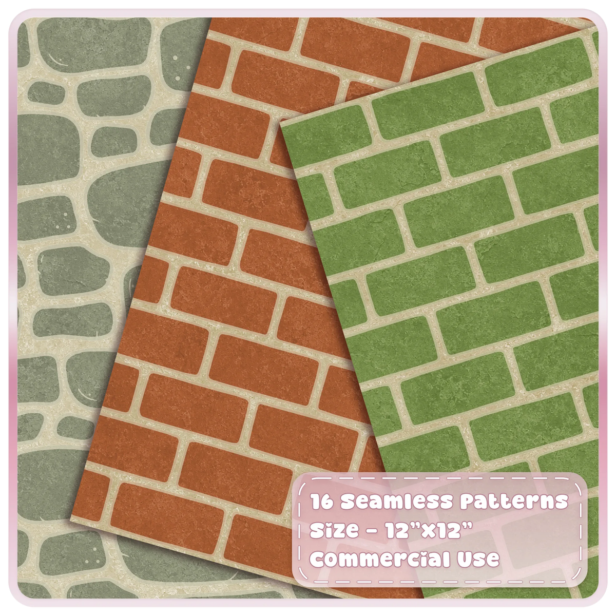 Moss green, terracotta and sage stone seamless patterns from the Mossy Garden fairytale digital paper collection