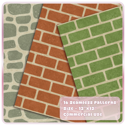 Moss green, terracotta and sage stone seamless patterns from the Mossy Garden fairytale digital paper collection