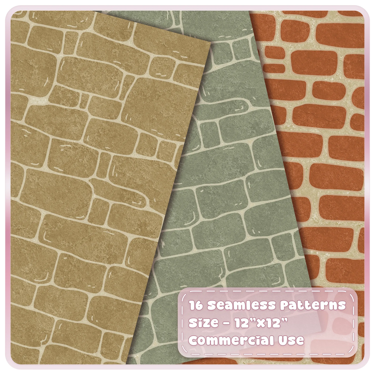 Rustic fairytale stone wall seamless patterns in warm beige, sage green and terracotta with pale mortar details