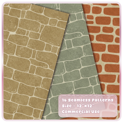 Rustic fairytale stone wall seamless patterns in warm beige, sage green and terracotta with pale mortar details