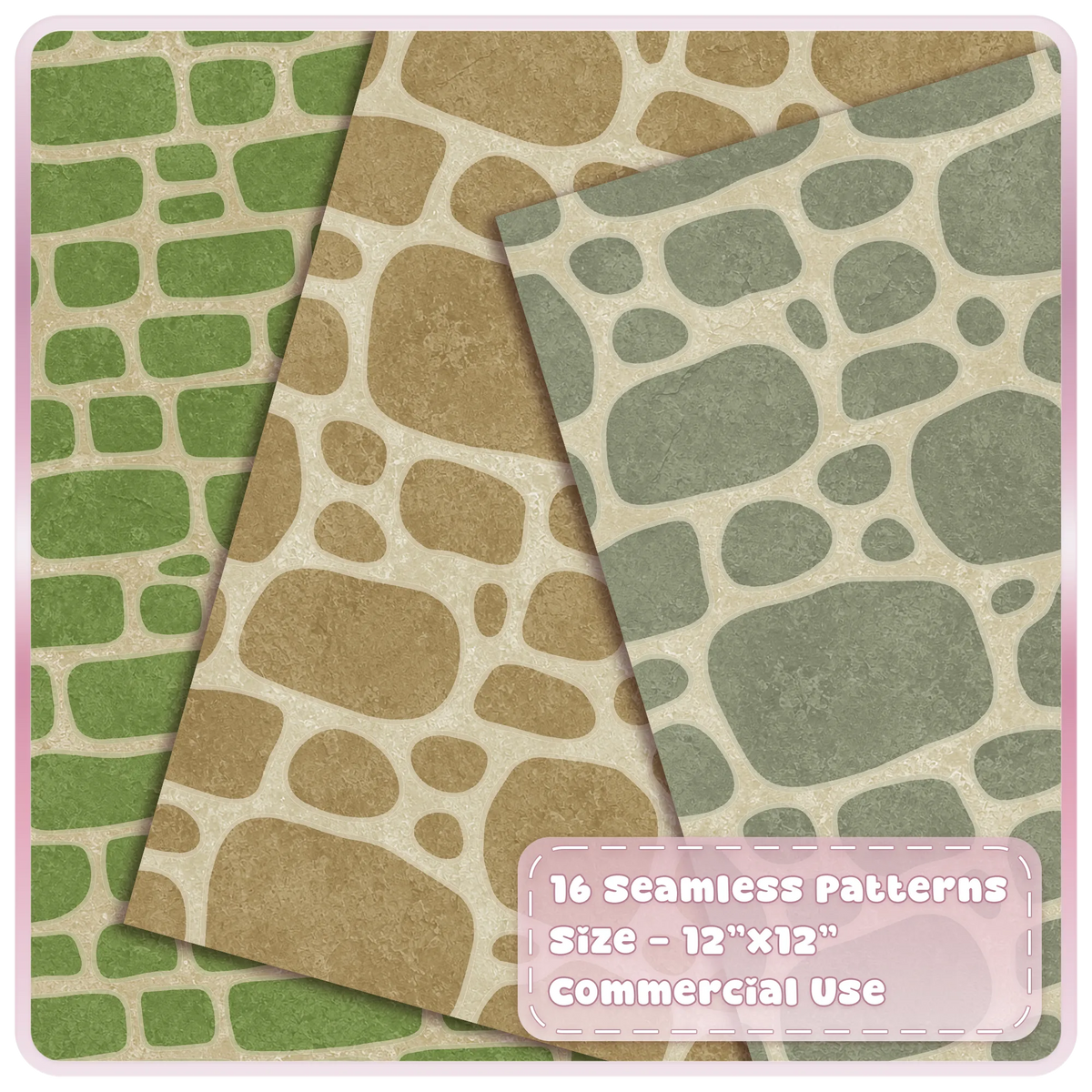 Moss green, beige and sage cobblestone seamless digital papers with irregular rounded fairytale stone patterns