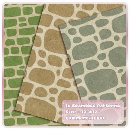 Moss green, beige and sage cobblestone seamless digital papers with irregular rounded fairytale stone patterns