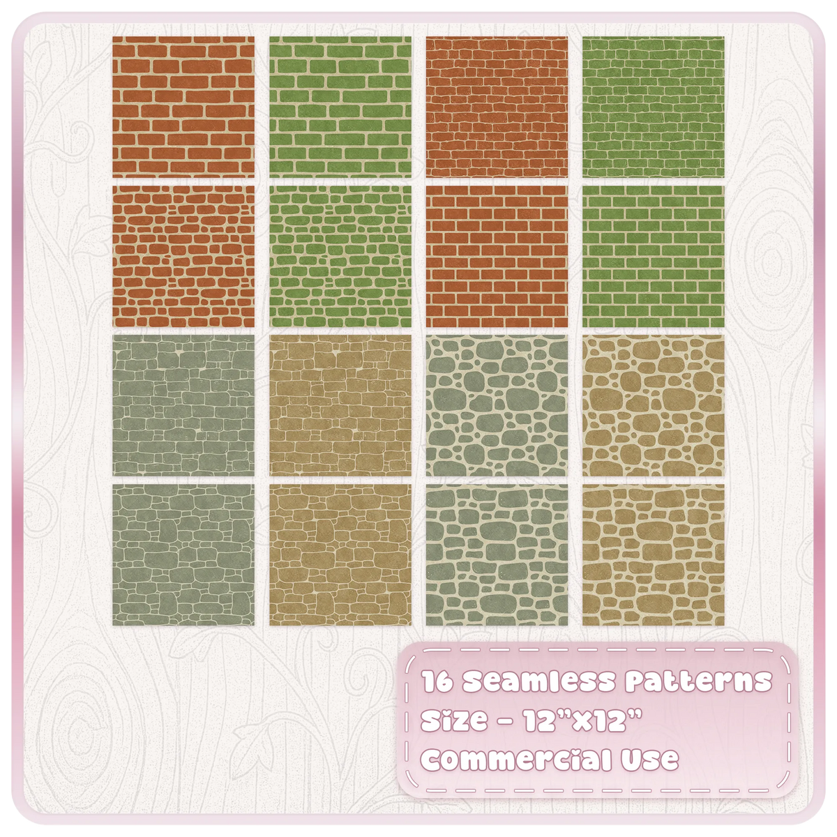 16 Mossy Garden stone and brick seamless patterns featuring green, terracotta, sage and beige fairytale digital papers