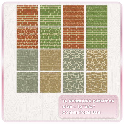 16 Mossy Garden stone and brick seamless patterns featuring green, terracotta, sage and beige fairytale digital papers