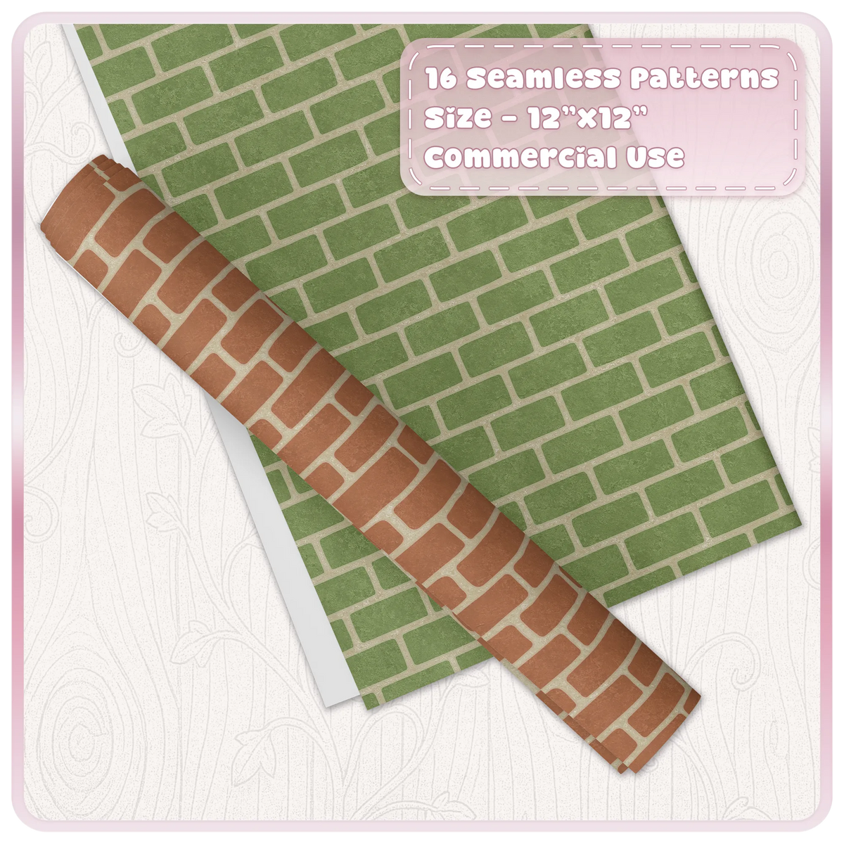 Moss green brick and terracotta stone seamless digital paper mockup from the Mossy Garden fairytale collection