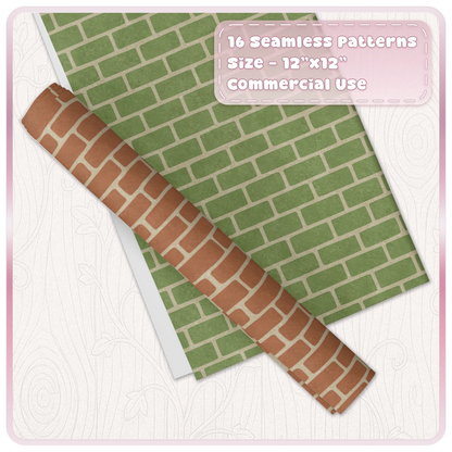 Moss green brick and terracotta stone seamless digital paper mockup from the Mossy Garden fairytale collection