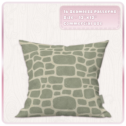 Sage green fairytale stone seamless pattern displayed on cushion mockup with pale mortar and textured masonry finish